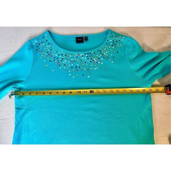 RAFAELLA SZ XL AQUA BLUE BEDAZZLED BOATNECK LONG-SLEEVE COTTON PULLOVER TOP SHIR - Picture 5 of 6
